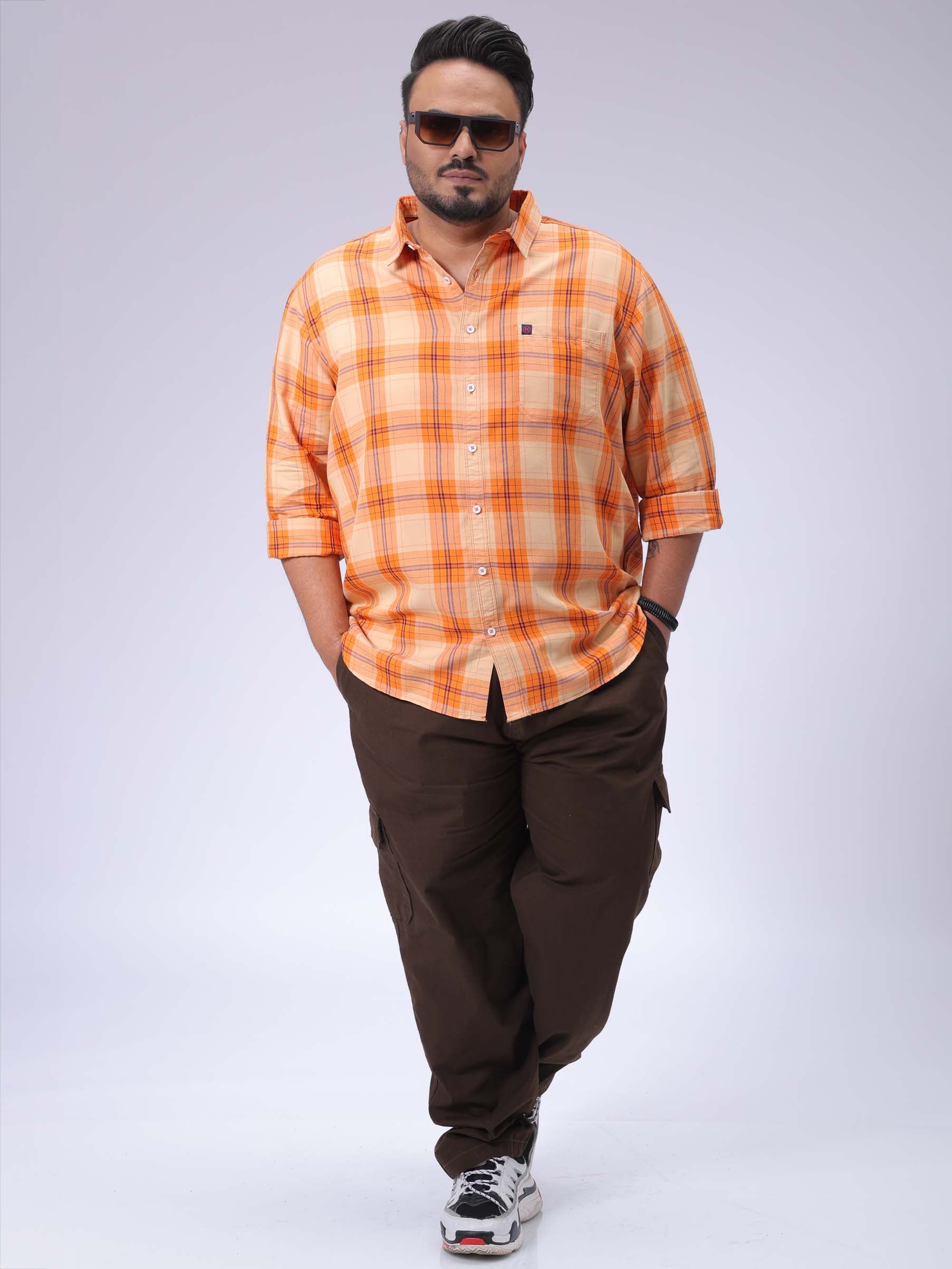 Men's Plus Size Orange Regular Fit Checked Casual Shirt