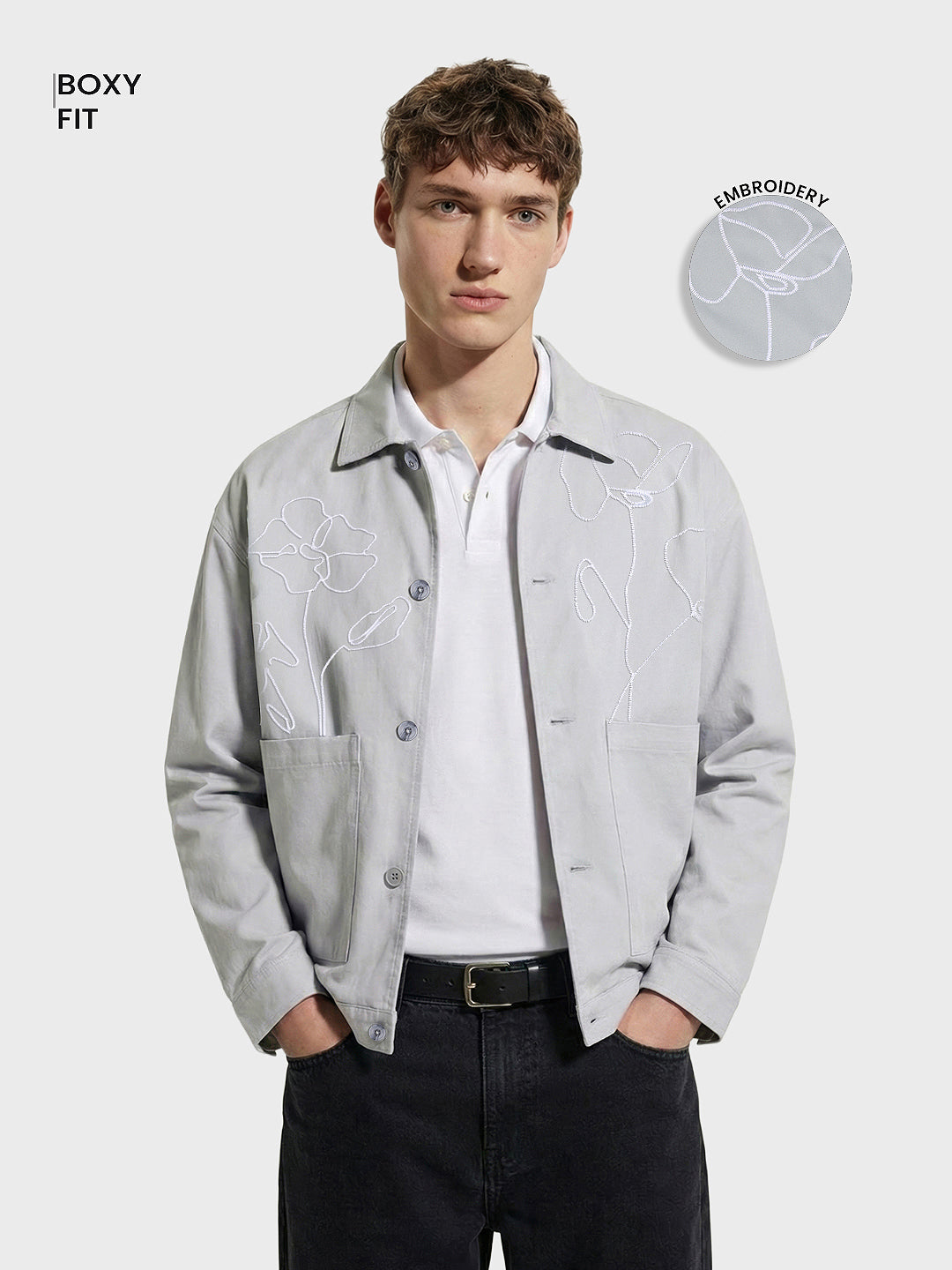 Men's Grey Boxy Fit Embroided Casual Jacket