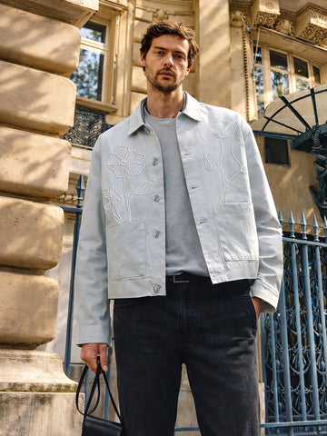 Men's Grey Boxy Fit Embroided Casual Bomber Jacket