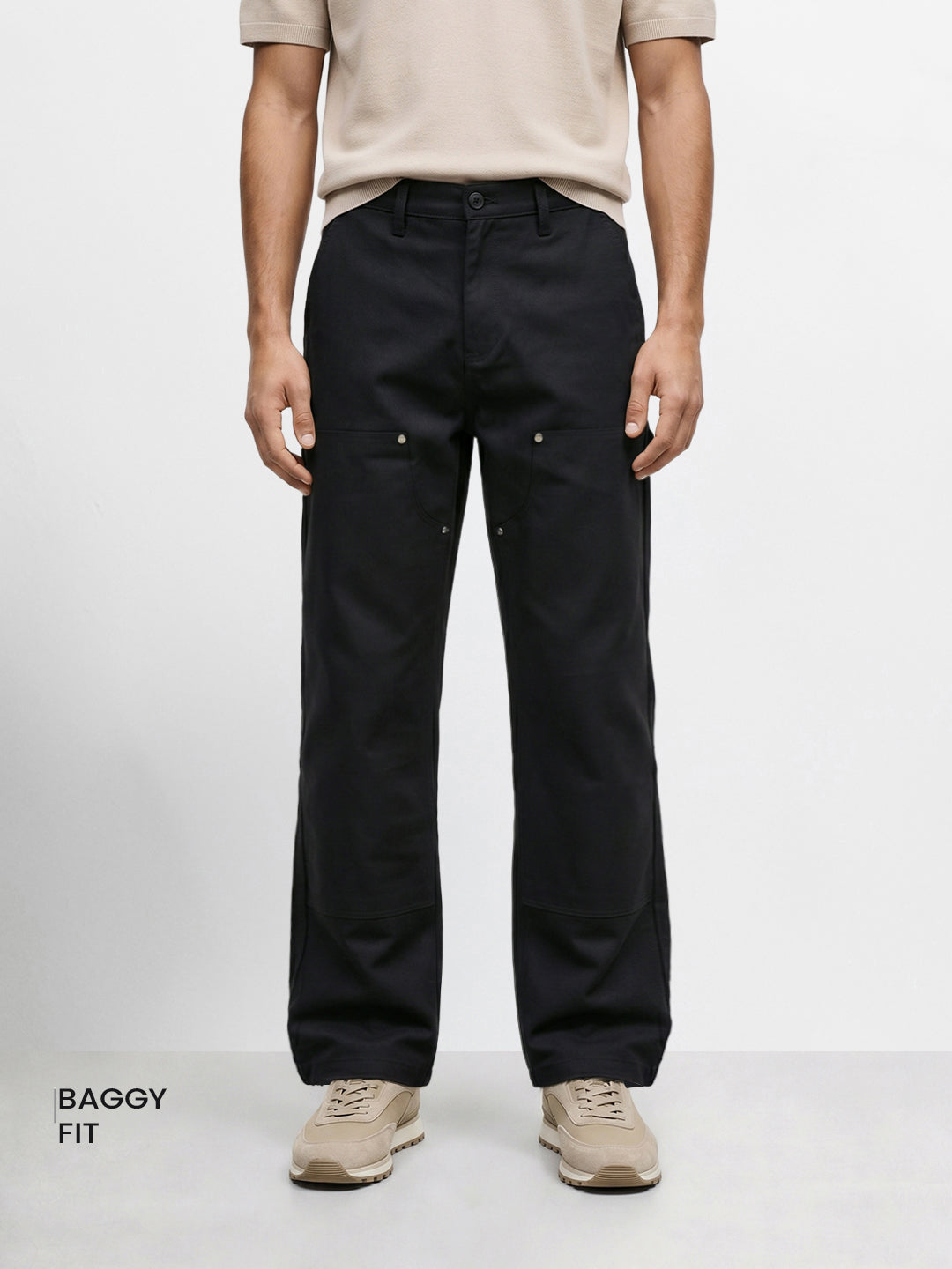 Men's Black Baggy Fit Solid Utility Trousers