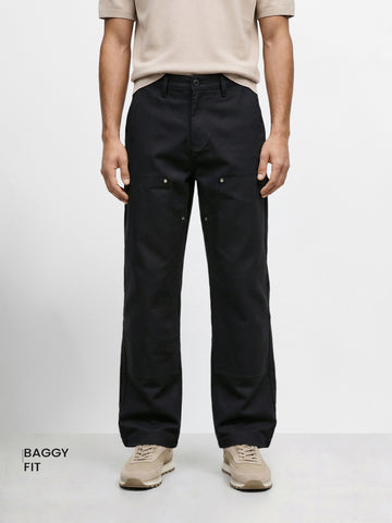 Men's Black Baggy Fit Solid Utility Trousers