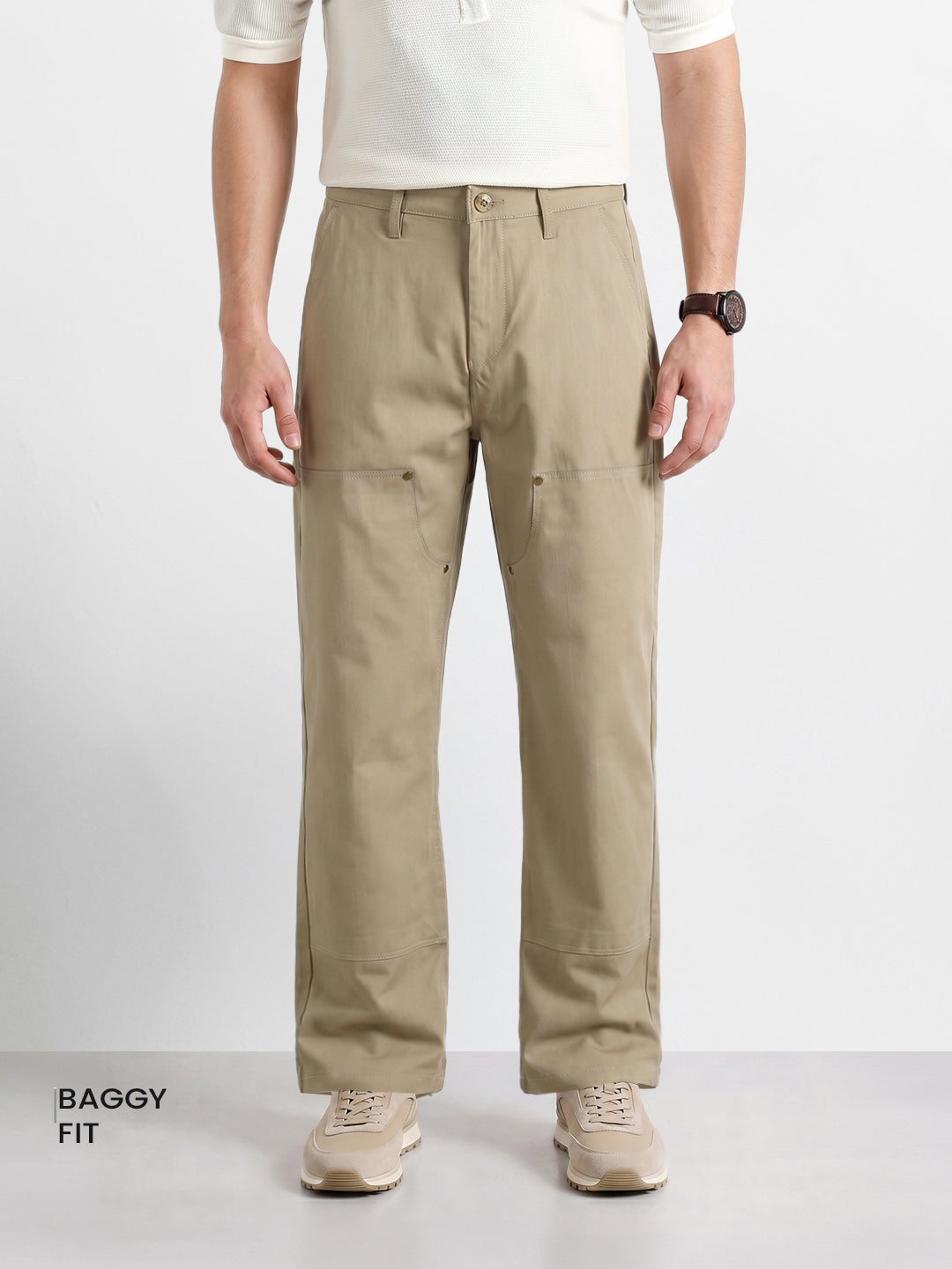 Men's Khaki Baggy Fit Solid Utility Trousers