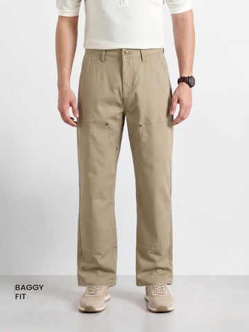 Men's Khaki Baggy Fit Solid Utility Trousers