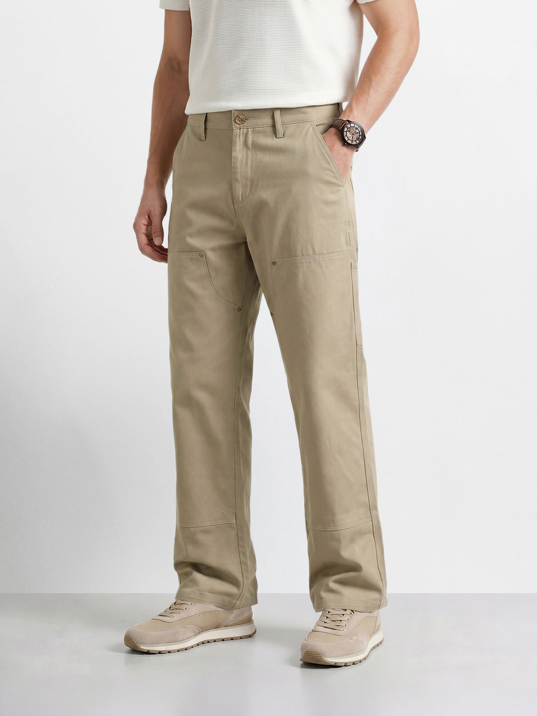 Men's Khaki Baggy Fit Solid Utility Trousers
