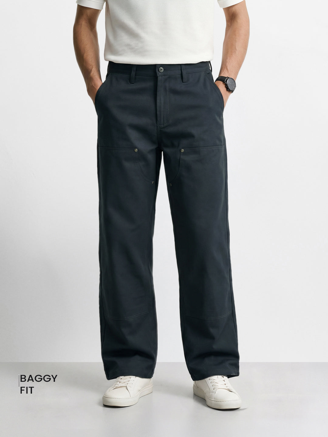 Men's Grey Baggy Fit Solid Utility Trousers