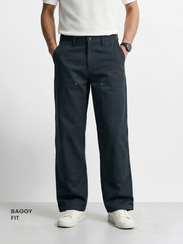 Men's Grey Baggy Fit Solid Utility Trousers