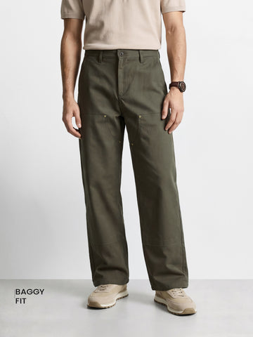 Men's Olive Baggy Fit Solid Utility Trousers