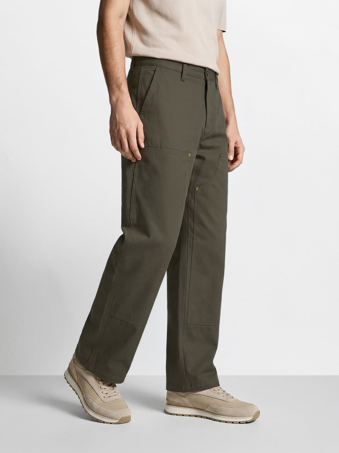 Men's Olive Baggy Fit Solid Utility Trousers