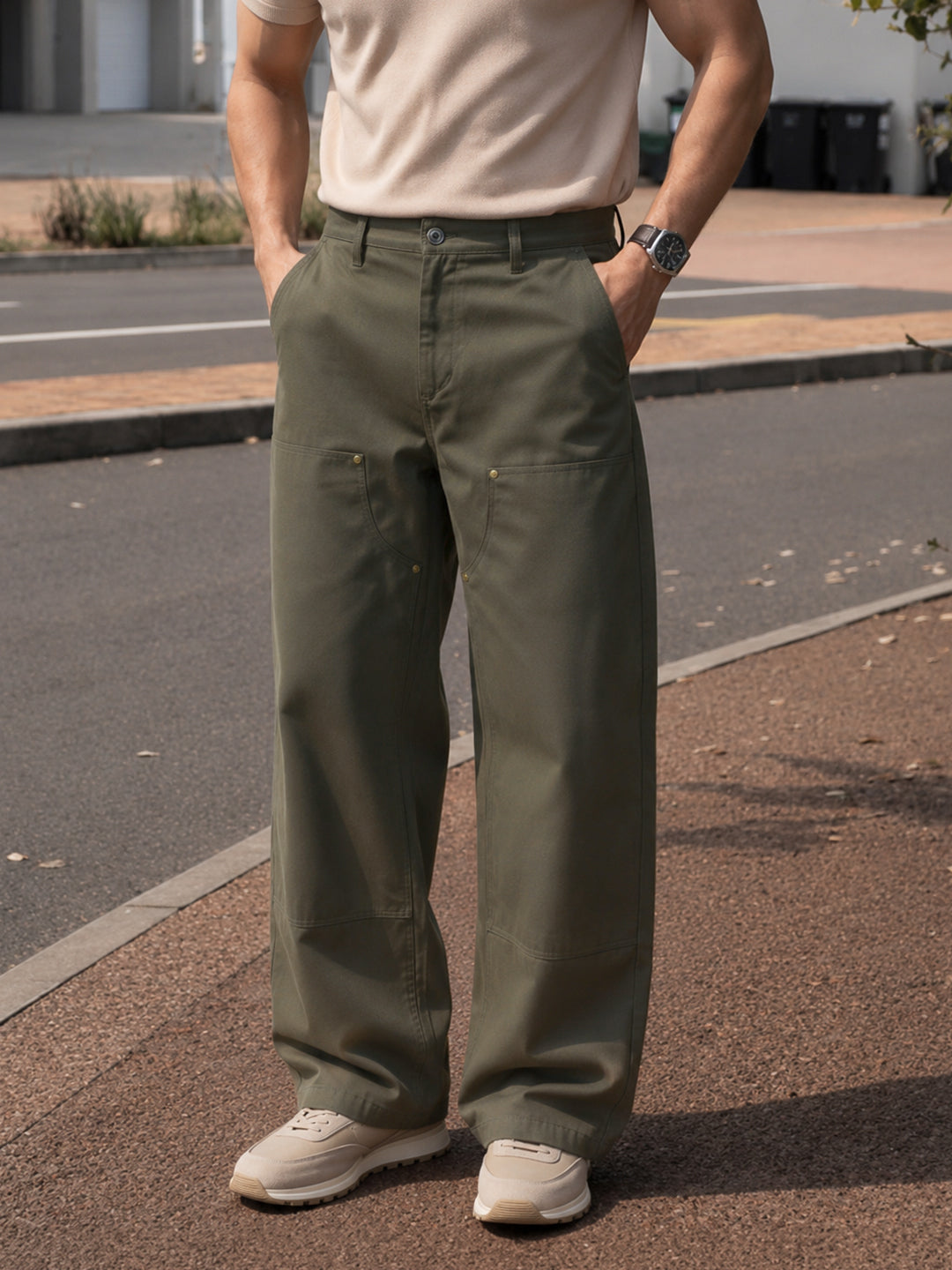 Men's Olive Baggy Fit Solid Utility Trousers