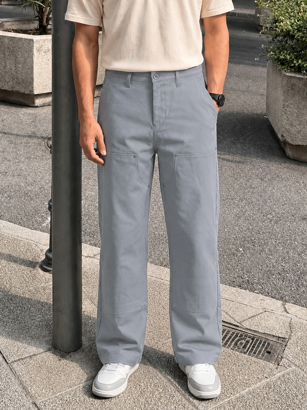 Men's Grey Baggy Fit Solid Utility Trousers