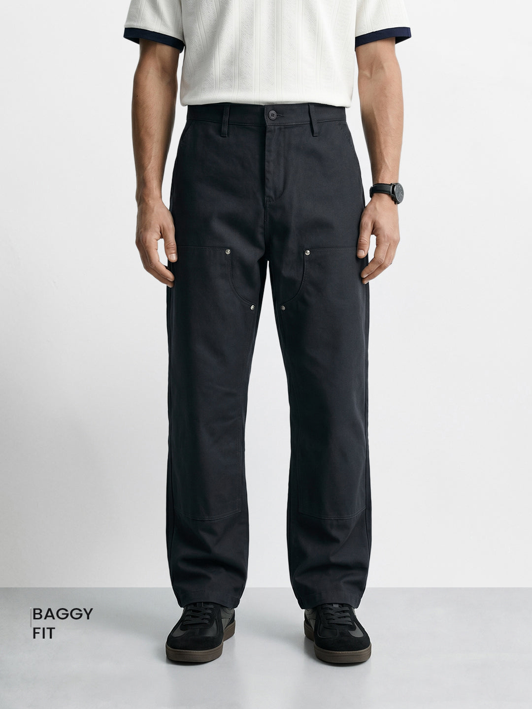 Men's Black Baggy Fit Solid Utility Trousers