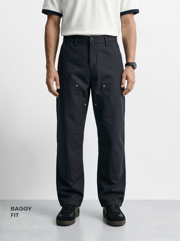 Men's Black Baggy Fit Solid Utility Trousers