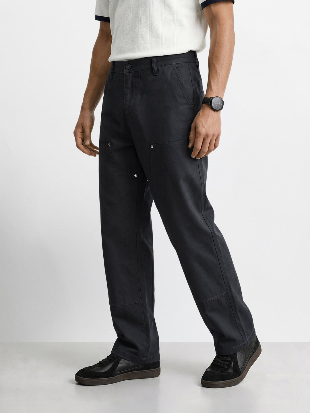 Men's Black Baggy Fit Solid Utility Trousers