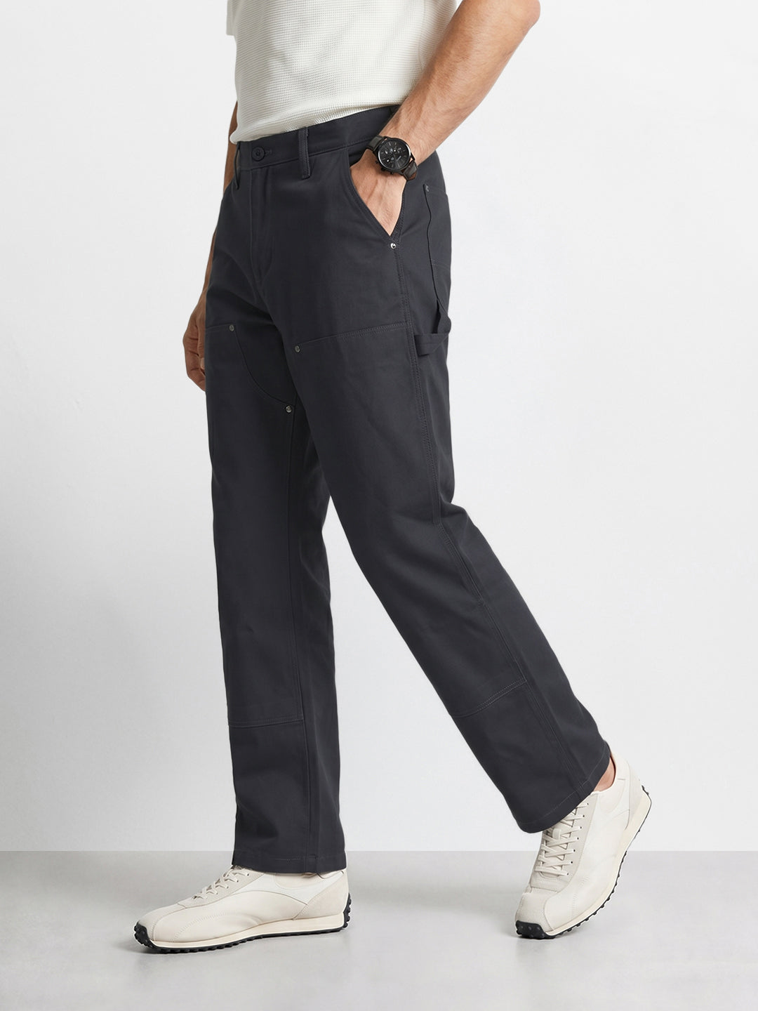 Men's Grey Baggy Fit Solid Utility Trousers