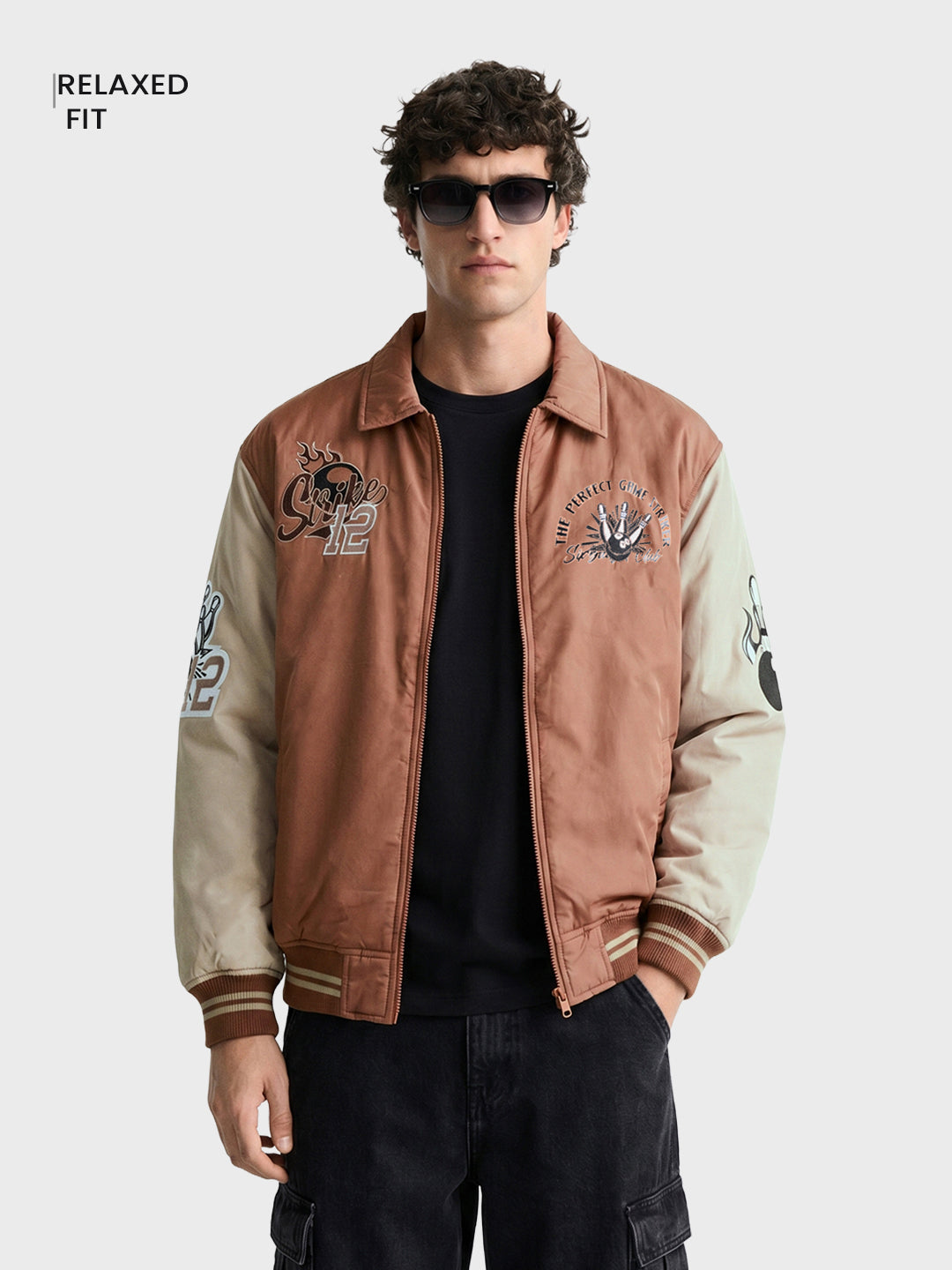 Men's Rust Relaxed Fit Embroidered Varsity Jacket
