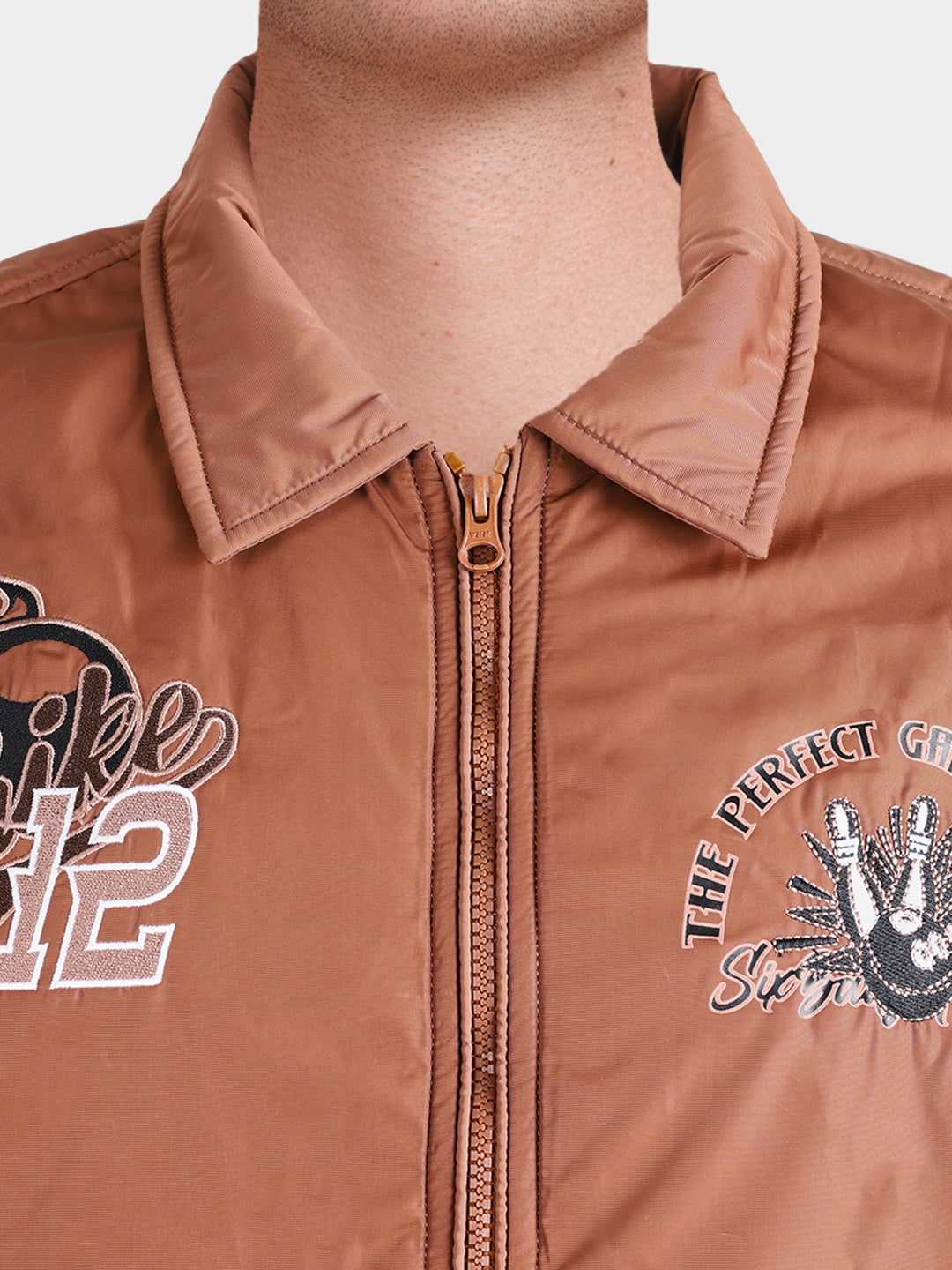 Men's Rust Relaxed Fit Embroidered Varsity Jacket
