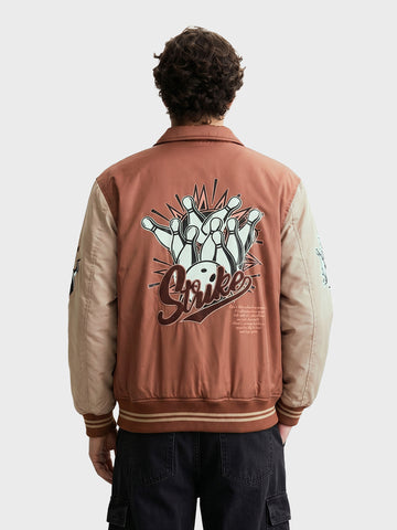 Men's Rust Relaxed Fit Embroidered Varsity Jacket