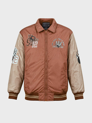 Men's Rust Relaxed Fit Embroidered Varsity Jacket