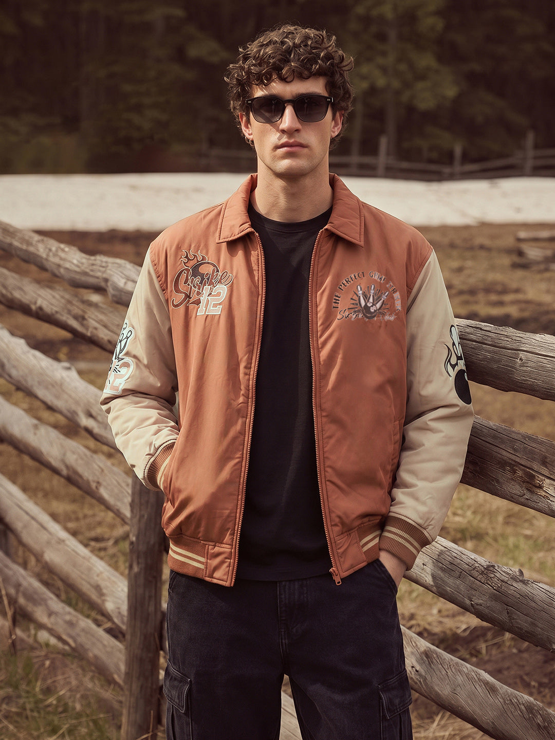 Men's Rust Relaxed Fit Embroidered Varsity Jacket
