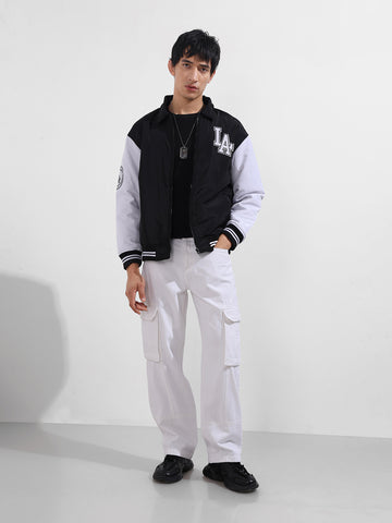 Men's Black Relaxed Fit Embroidered Varsity Jacket