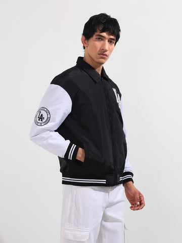 Men's Black Relaxed Fit Embroidered Varsity Jacket