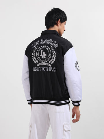 Men's Black Relaxed Fit Embroidered Varsity Jacket