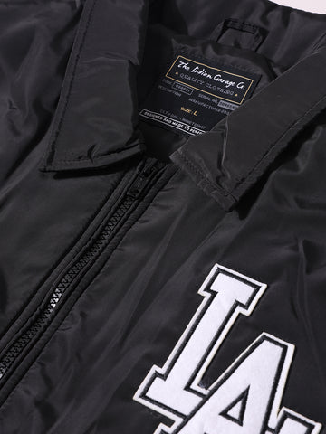 Men's Black Relaxed Fit Embroidered Varsity Jacket