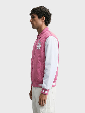 Men's Pink Relaxed Fit Embroidered Varsity Jacket