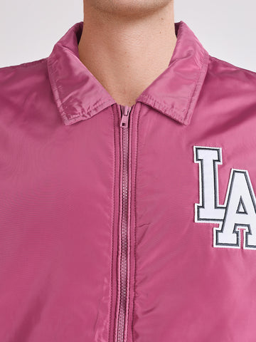 Men's Pink Relaxed Fit Embroidered Varsity Jacket