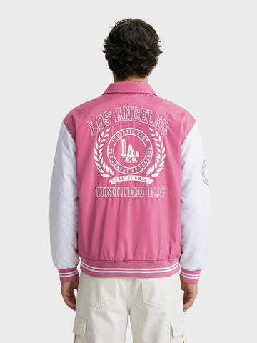 Men's Pink Relaxed Fit Embroidered Varsity Jacket