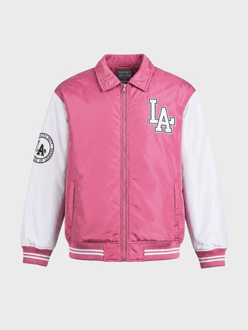 Men's Pink Relaxed Fit Embroidered Varsity Jacket