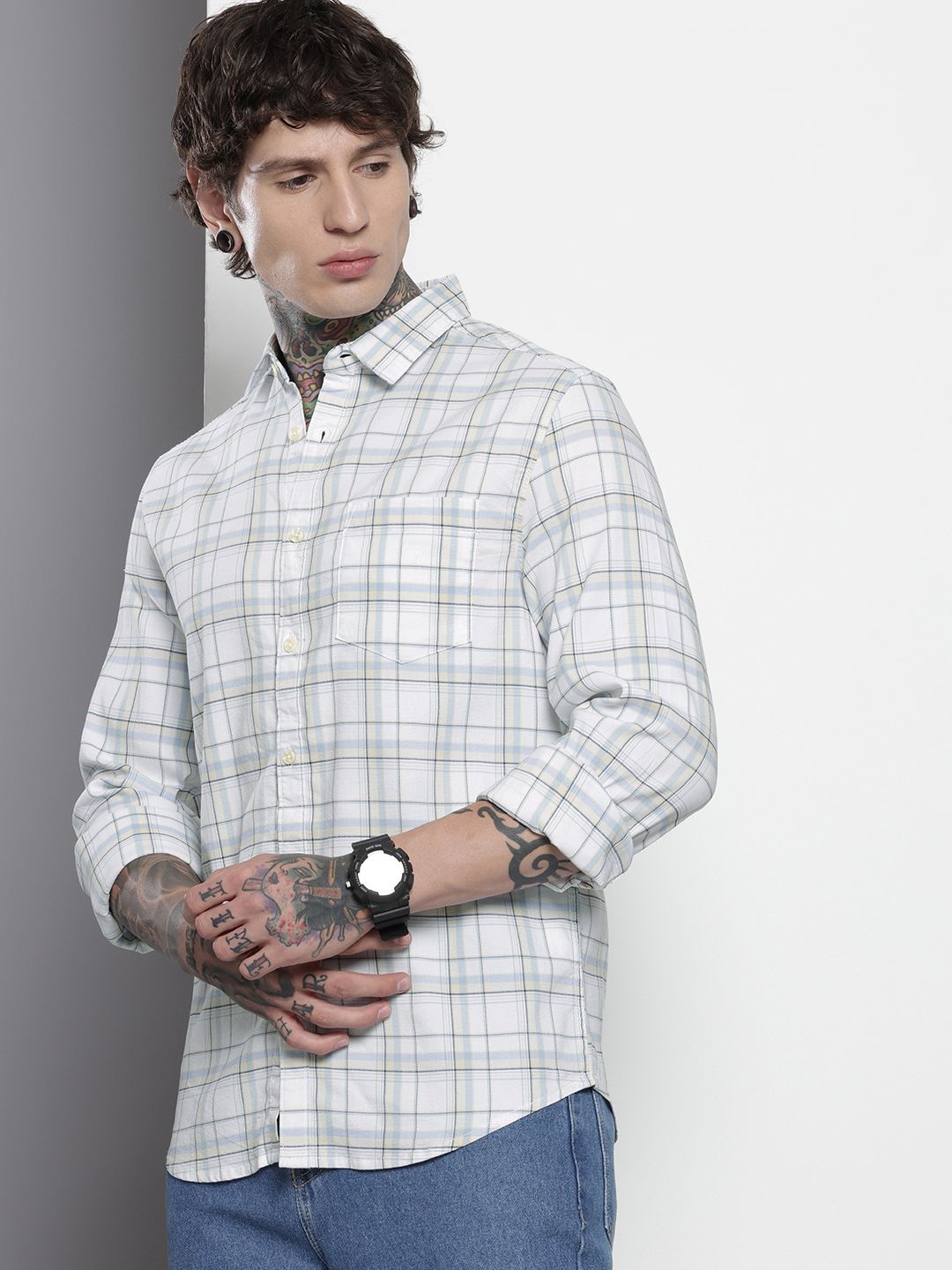 Men's White Slim Fit Checked Casual Shirt