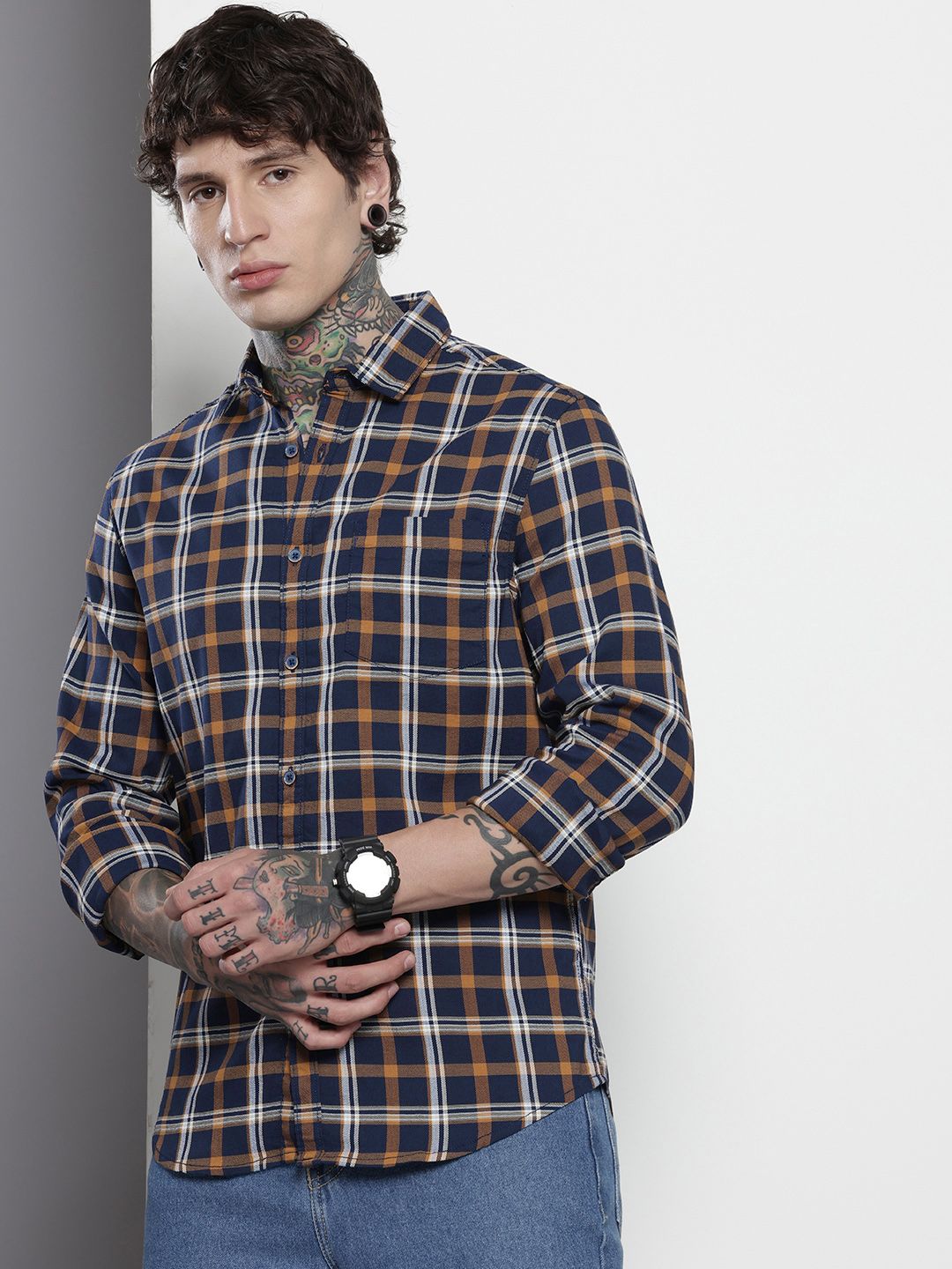 Men's Blue Blue Slim Fit Checked Casual Shirt