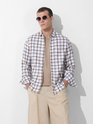 Men's White Slim Fit Checked Casual Shirt