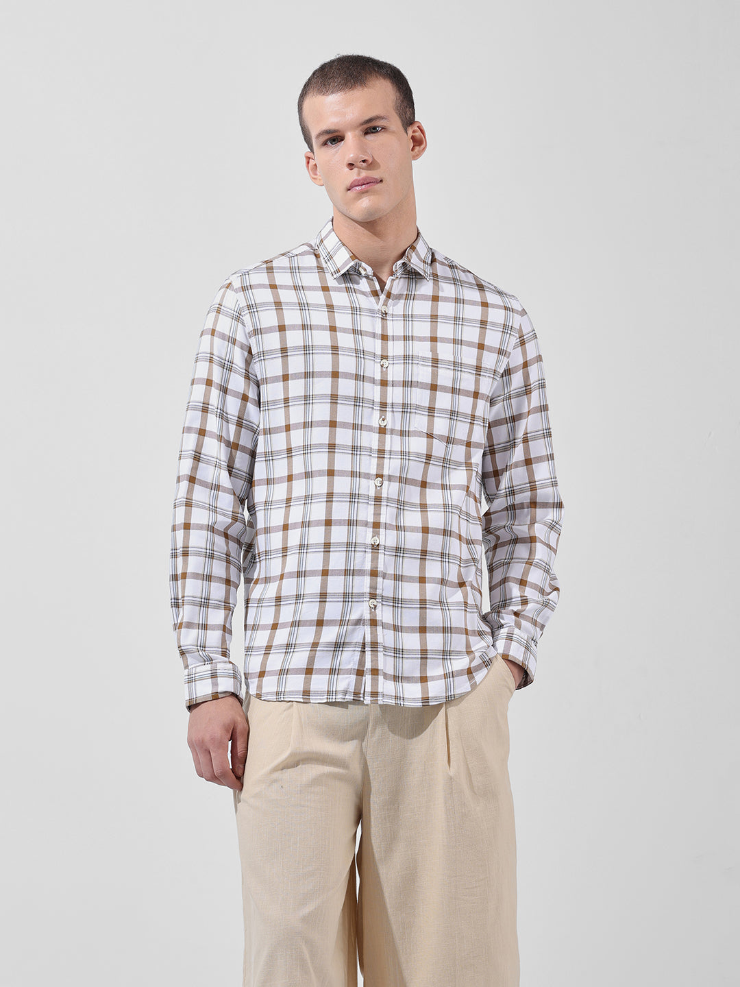 Men's White Slim Fit Checked Casual Shirt