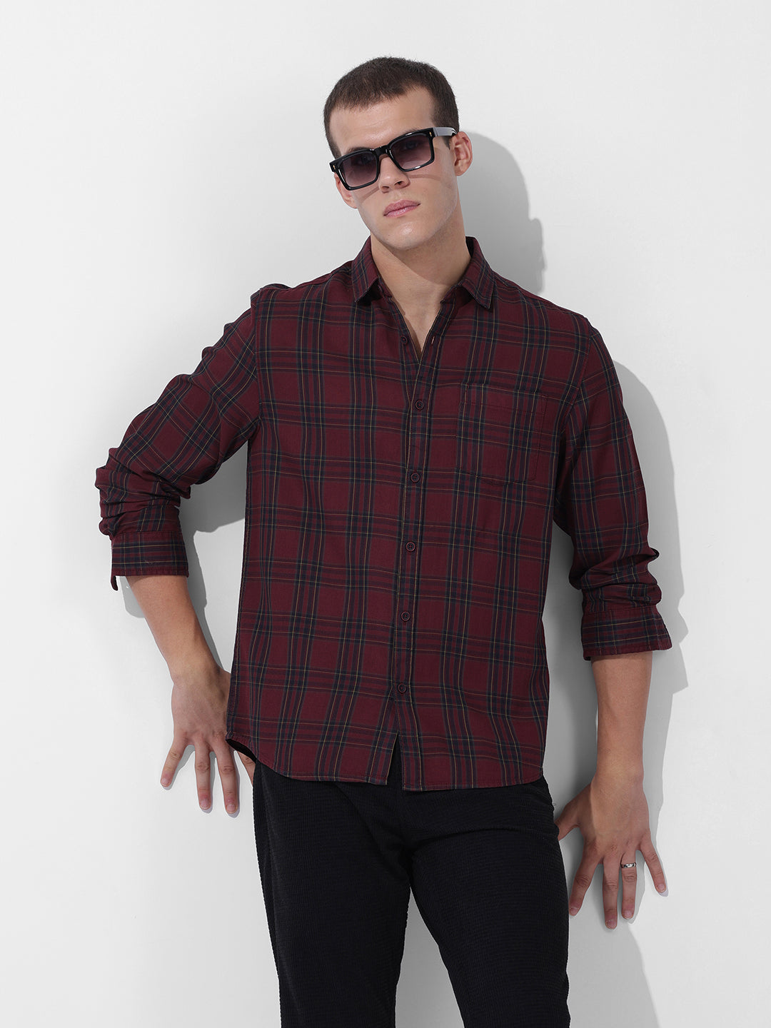 Men's Wine Slim Fit Checked Casual Shirt