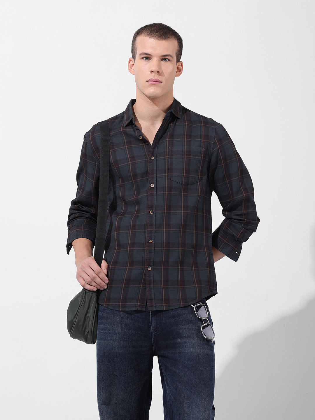 Men's Olive Slim Fit Checked Casual Shirt