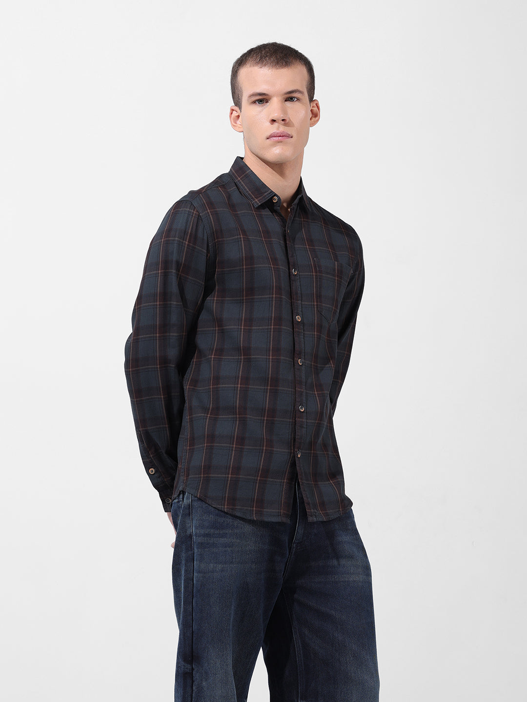 Men's Olive Slim Fit Checked Casual Shirt