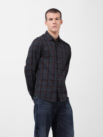 Men's Olive Slim Fit Checked Casual Shirt
