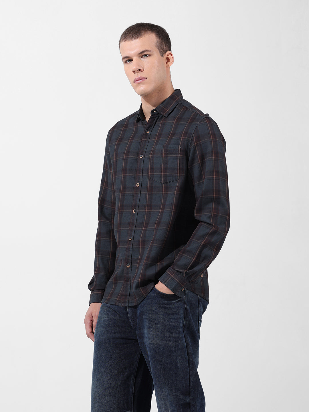 Men's Olive Slim Fit Checked Casual Shirt