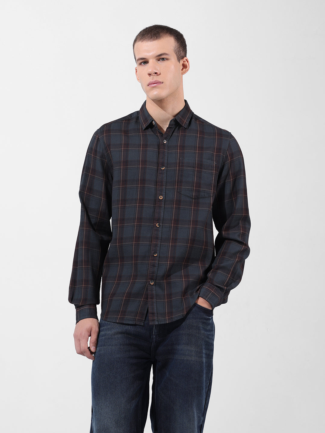 Men's Olive Slim Fit Checked Casual Shirt
