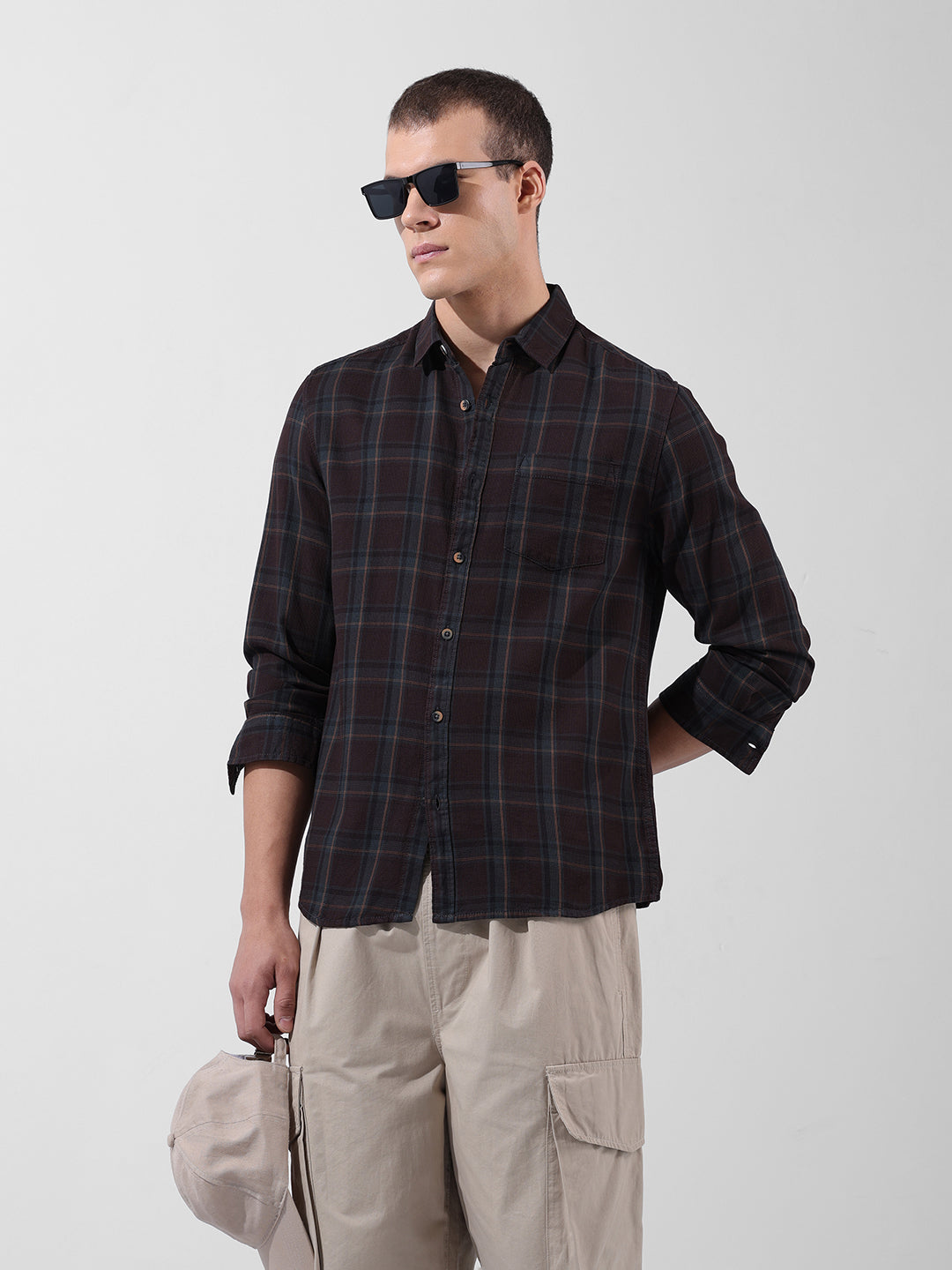 Men's Brown Slim Fit Checked Casual Shirt