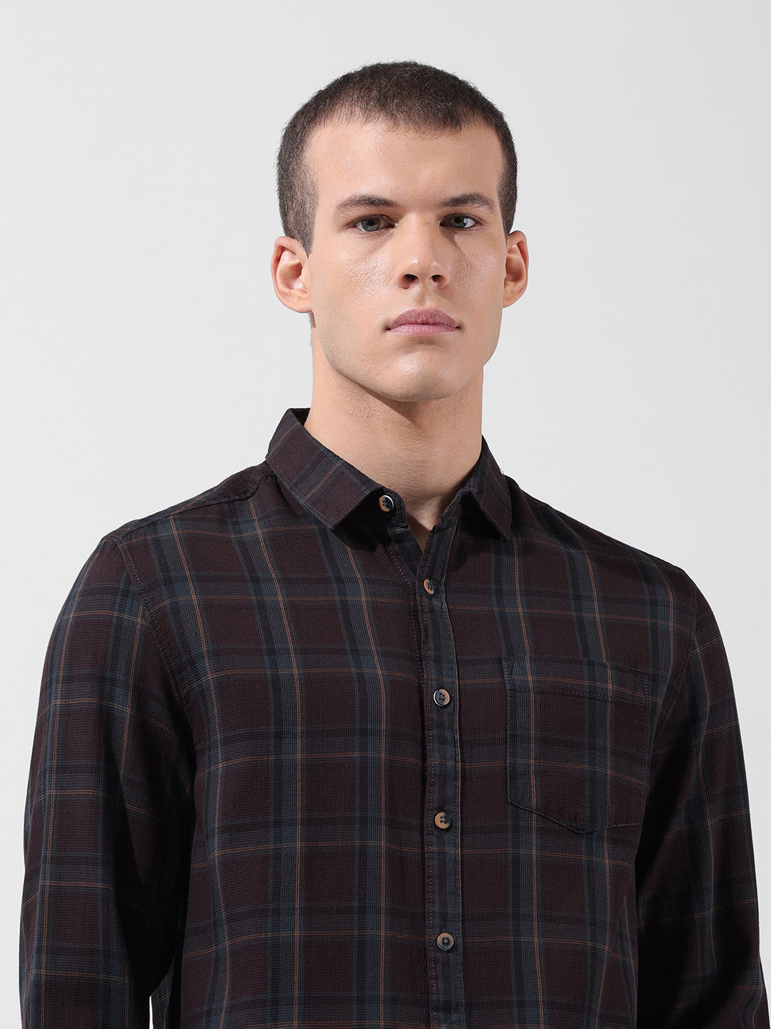 Men's Brown Slim Fit Checked Casual Shirt