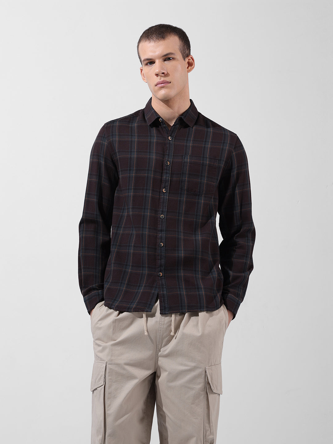 Men's Brown Slim Fit Checked Casual Shirt