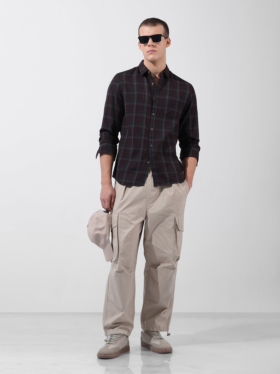 Men's Brown Slim Fit Checked Casual Shirt