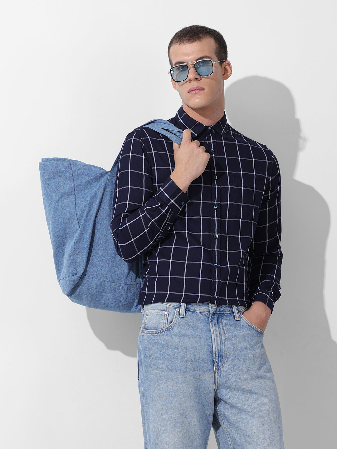 Men's Navy Slim Fit Checked Casual Shirt
