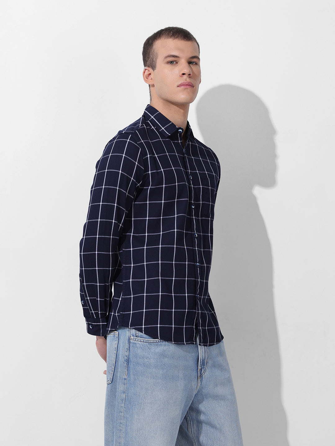 Men's Navy Slim Fit Checked Casual Shirt