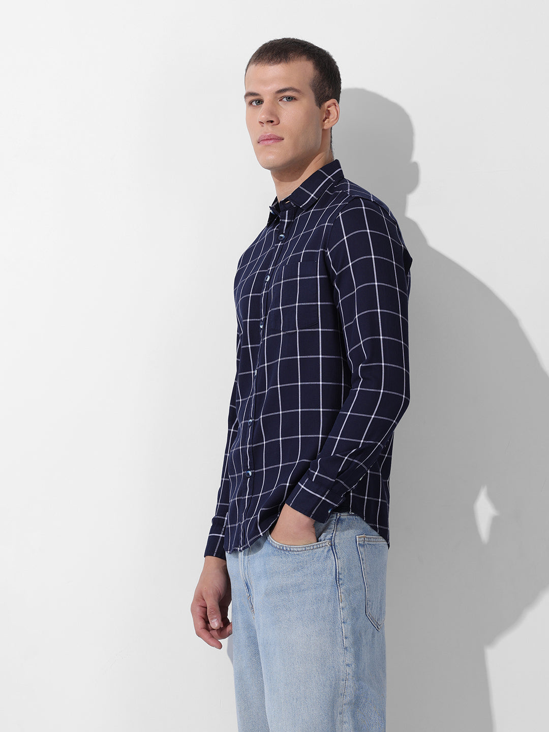 Men's Navy Slim Fit Checked Casual Shirt