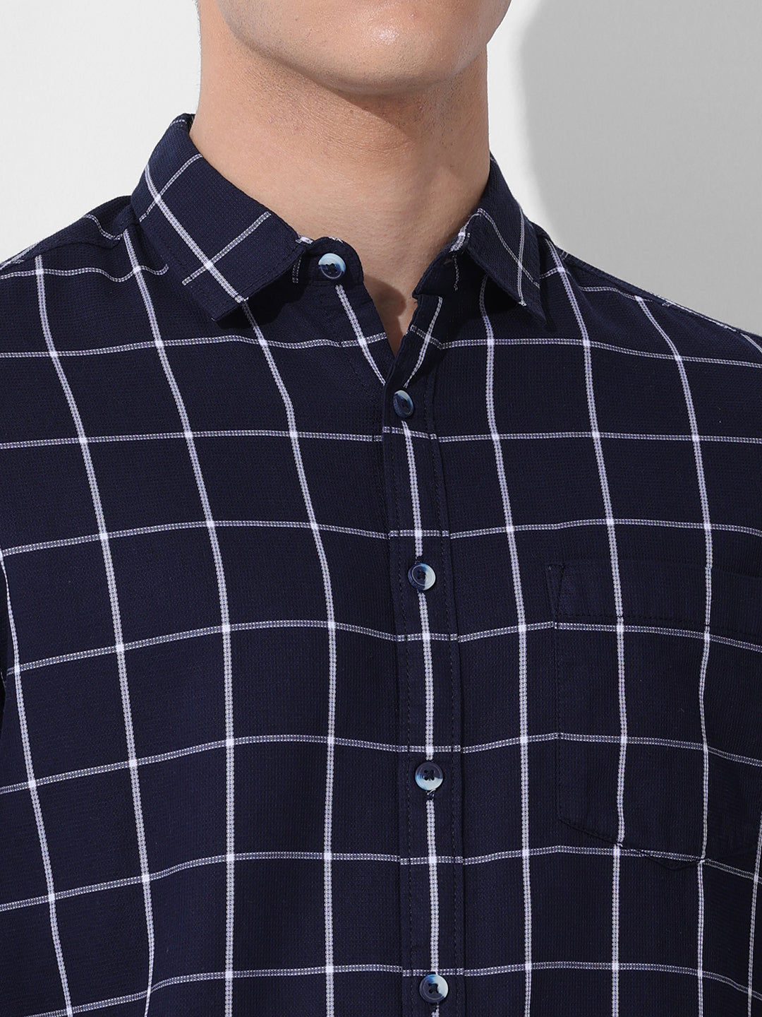 Men's Navy Slim Fit Checked Casual Shirt
