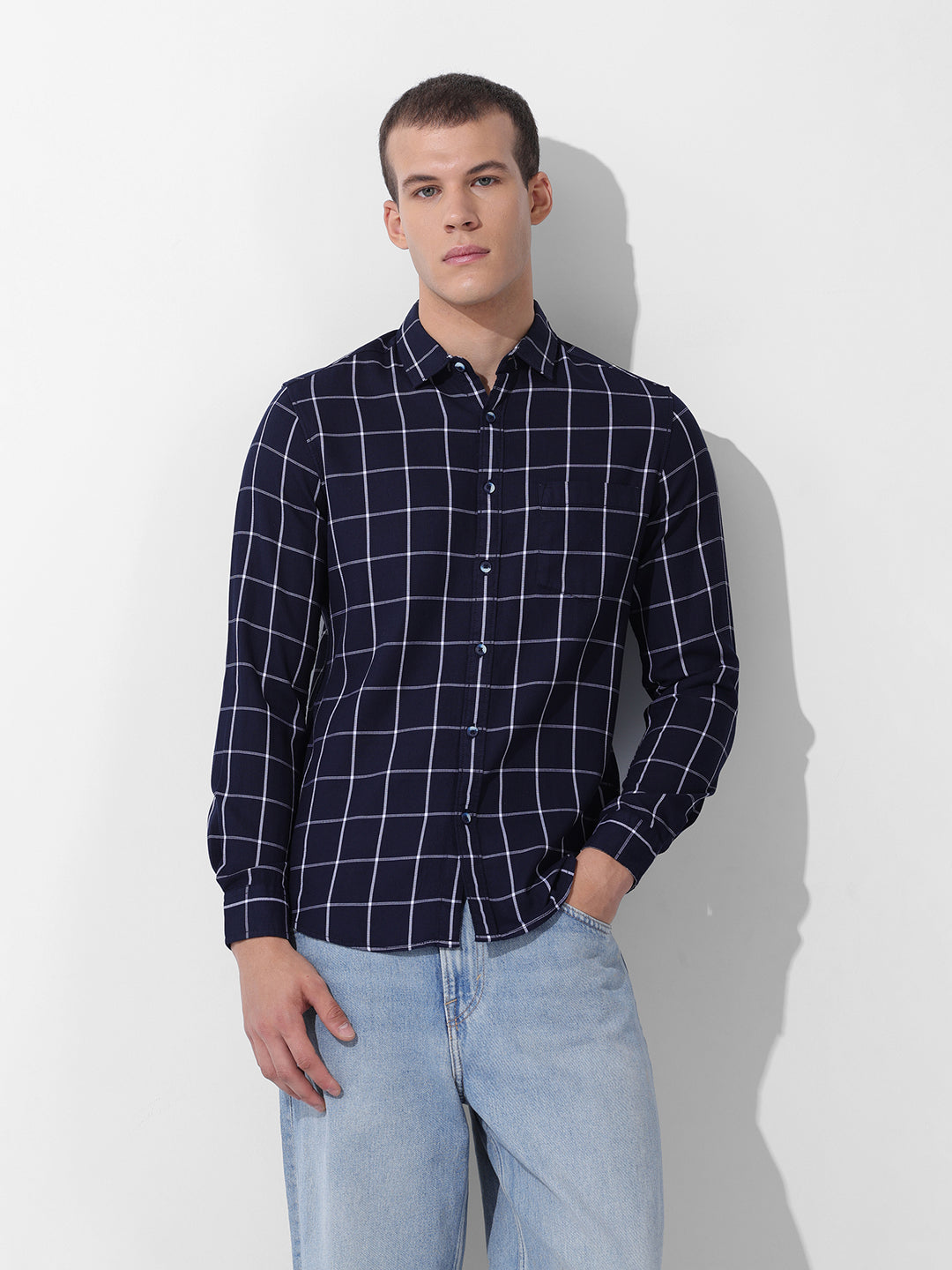 Men's Navy Slim Fit Checked Casual Shirt